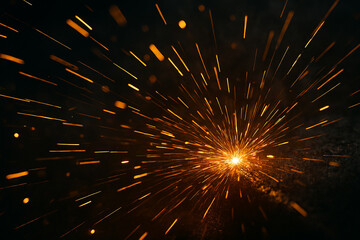 Exploding bright orange sparks burst outward from a fiery intense source against a dark textured background, creating a dynamic energetic abstract.