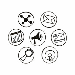 Hand drawn marketing icons, molecule, envelope, graph, megaphone, magnifier and bulb isolated on white background