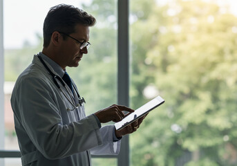 A male doctor in a white coat and glasses is using a tablet in front of a large window with greenery outside.