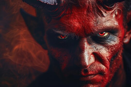 Scary devil face with horns emerging from fire and smoke