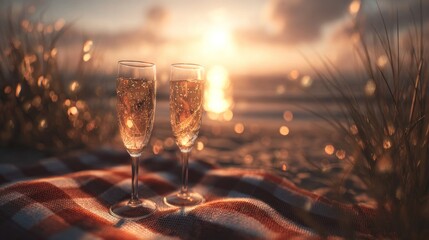 Champagne flutes on a picnic blanket at sunset
