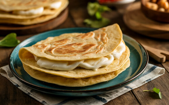 National Cuisine of Honduran - Tortilla con quesillo - a typical snack of Honduran cuisine, which is made from two flatbreads with melted cheese between them.