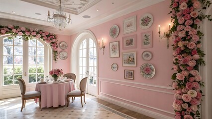 A beautifully decorated dining room with pink walls, floral arrangements, and elegant furniture creates a romantic and luxurious atmosphere, perfect for a special occasion or intimate gathering