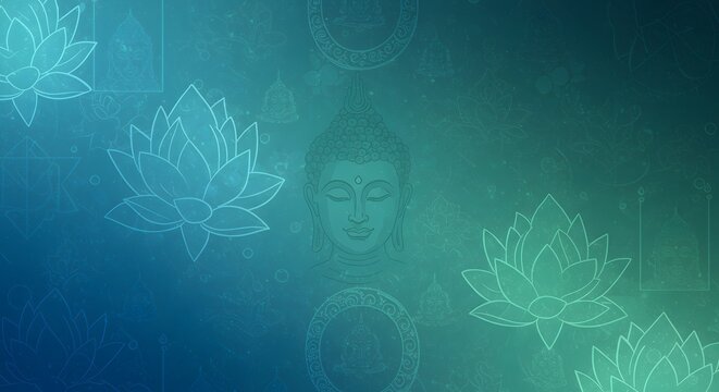 Serene teal background featuring Buddha and lotus flowers, a digitally created image with a calm and peaceful mood, ideal for meditation and mindfulness practices.