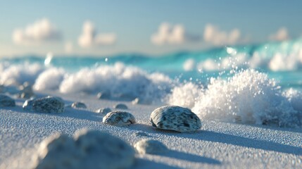 Seashells on beach, foamy waves