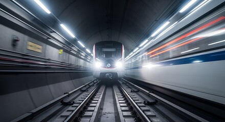 Dynamic long exposure of a modern metro train speeding through an illuminated subway tunnel with light streaks.