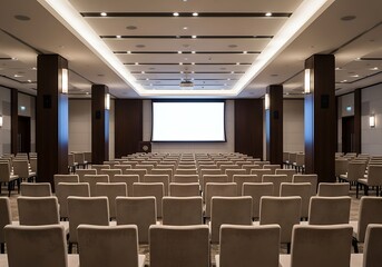 Fototapeta premium Modern conference room with projector screen and rows of seating for presentations