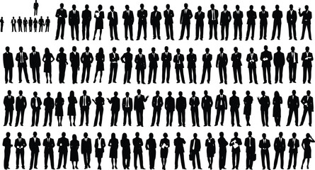 Large group of business silhouettes, professional people standing, formal attire, corporate posture, office fashion, diverse workforce, black isolated figures