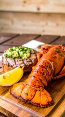 Grilled lobster tail and steak with lemon