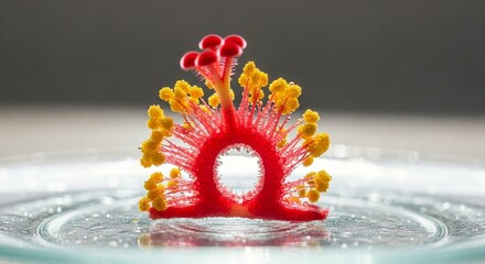 Hibiscus flower cross section shows vibrant colors and intricate details, a stunning botanical specimen