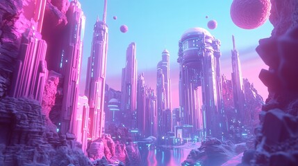 Obraz premium Futuristic cityscape with tall buildings and pink and purple hues under a bright sky with floating planets