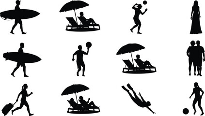 Silhouettes of beach activities, surfing, sunbathing, diving, walking, playing ball, travel, summer vacation, black isolated figures, leisure and relaxation