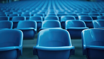 Fototapeta premium Blue plastic chairs in the stands of an outdoor stadium, frontal view, empty seats, photograph for advertising or media company, stock photography,