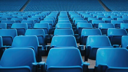 Photo of blue chairs in an empty stadium, symbolizing the cold and unemotional nature of AI's perception or inspiration. Web banner with copy space on the left side.