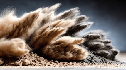 Exploding pile of dust and dirt with fine particles suspended in air