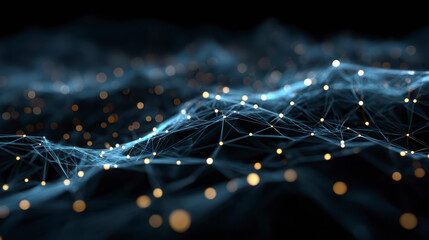 A digital representation of a network with interconnected nodes and lines, highlighted with glowing dots, depicting data connections or neural networks.