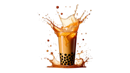 advertisement image of a boba splash with bubble tea, cut out