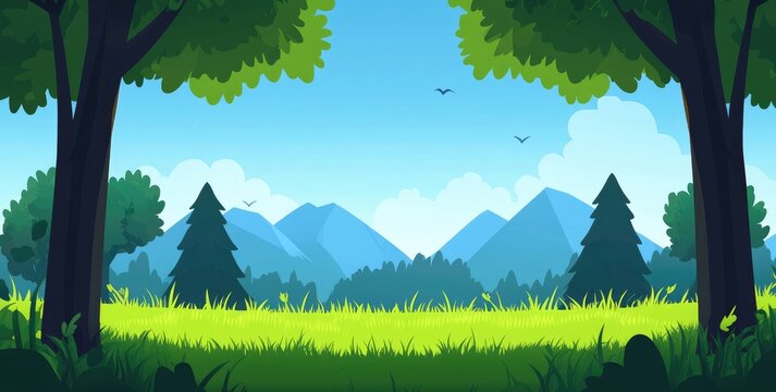 2D game art, cartoon style, simple background for side-scrolling game, forest with grass and mountains in the distance