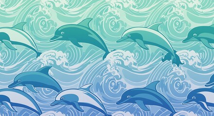 Stylized dolphins and waves in repetitive pattern