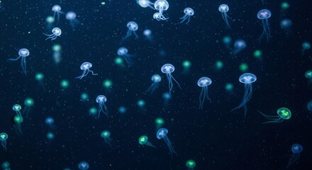 Luminous jellyfish gracefully swimming in deep, dark ocean waters with ethereal glow
