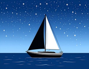Majestic Sailboat Navigates Calm Waters Under a Starry Night Sky.