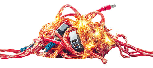 Tangled power cords with sparks create dangerous fire hazard, highlighting importance of proper cable management and safety precautions in electrical setups., isolated
