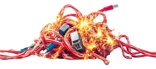 Tangled power cords with sparks create dangerous fire hazard, highlighting importance of proper cable management and safety precautions in electrical setups., isolated