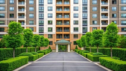 Obraz premium Modern apartment building block in green residential city area, surrounded by landscaped greenery, contemporary urban living scene. Suitable for marketing or business purposes
