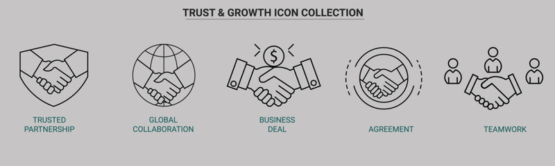 Naklejka premium Vector art of trust and growth icon collection handshake, global collaboration, finance, agreement, team