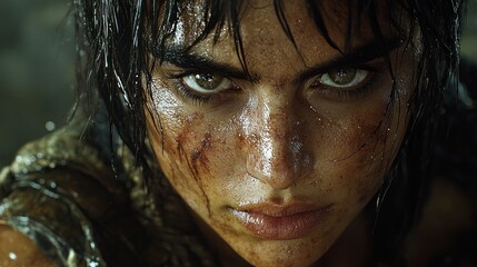 A Close-Up Portrait of a Determined Woman, Showing Scars and Sweat