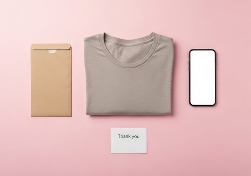 Folded beige t-shirt, smartphone with blank screen, and a thank you note, for online shopping and order confirmation