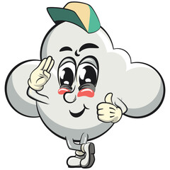 cute cloud cartoon mascot character vector illustration hip hop style by wearing a hat, work of hand drawn