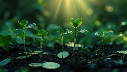Three small plants growing from coins on the ground, with a green background and sun rays, symbolizing growth.