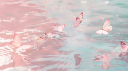 Delicate Butterflies Hovering Over Softly Lit Water with Floral Elements