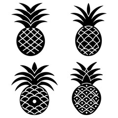 Obraz premium Four black and white pineapple illustrations with different patterns and leaf styles on a white background