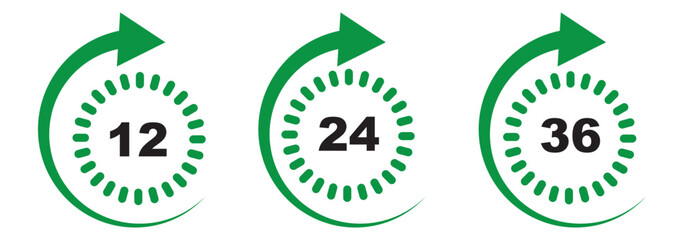 Hour timer icon collection with 12 hours, 24 hours, 36 hours, 48 hours and 72 hours vector logotype countdown stickers in red and black color - Vector Icon