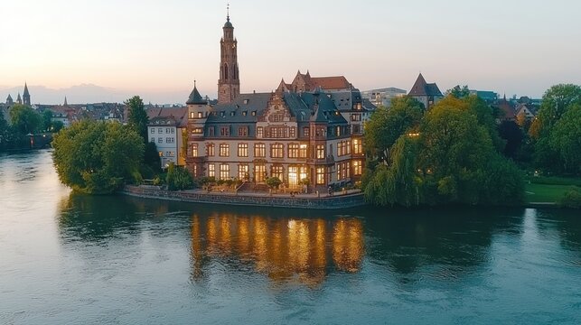 Sunset View of the Majestic Island Mansion in Breisach am Rhein