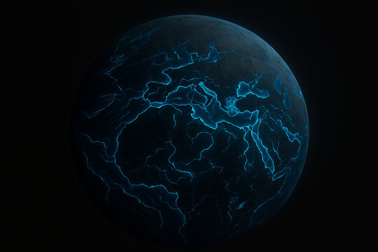 Abstract glowing planet with electric blue energy veins against a dark void, perfect for science, technology, or futuristic concepts, dynamic and captivating