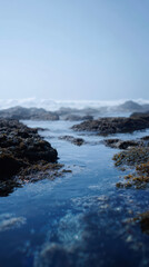 Obraz premium Tide pools glimmering beneath foggy sky create serene coastal scene