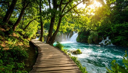 Fototapeta premium Wooden walkway beside a tranquil waterfall in a lush forest.