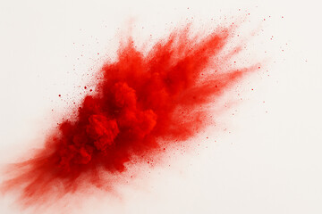 Vibrant red powder explosion against a clean white background, perfect for dynamic design projects, adding explosive energy and visual impact