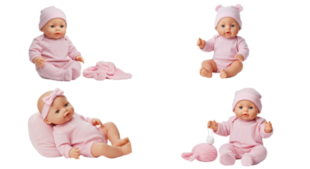 Four cute baby dolls in pink outfits and accessories in various poses  