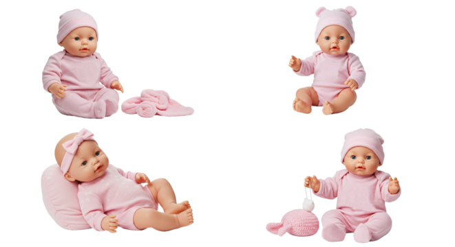 Four cute baby dolls in pink outfits and accessories in various poses