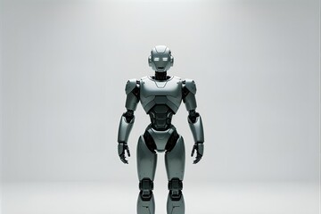 Fototapeta premium A futuristic robot standing alone, minimalistic design, white empty background, high detail, front view.
