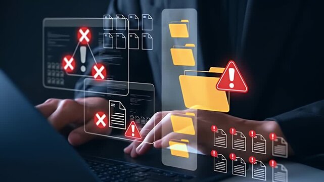 Hands interacting with a computer screen displaying numerous error messages and warnings for files and folders