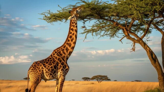 A tall giraffe reaching up to nibble fresh green leaves from an acacia tree, warm golden savannah backdrop, blue sky with light clouds, ultra HD, detailed wildlife shot.