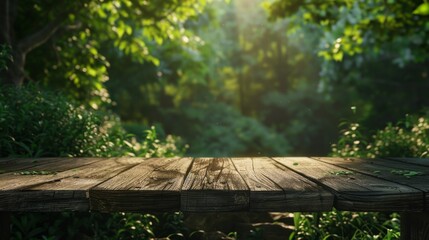 Fototapeta premium wooden table in a lush forest