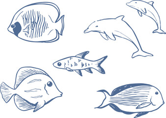 Hand drawn tropical fish set. Underwater world doodles. Marine drawings. Ink elements. Vector illustration isolated on white background.