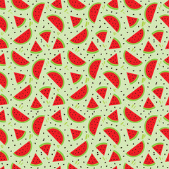 Fresh and juicy red watermelon slice pattern. Light green background with black watermelon seeds and green lines for textiles, food and beverage packaging products, advertising, tablecloths