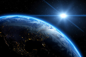 Fototapeta premium Earth from space showing city lights and sun shining brightly over atmosphere realistic view of planet